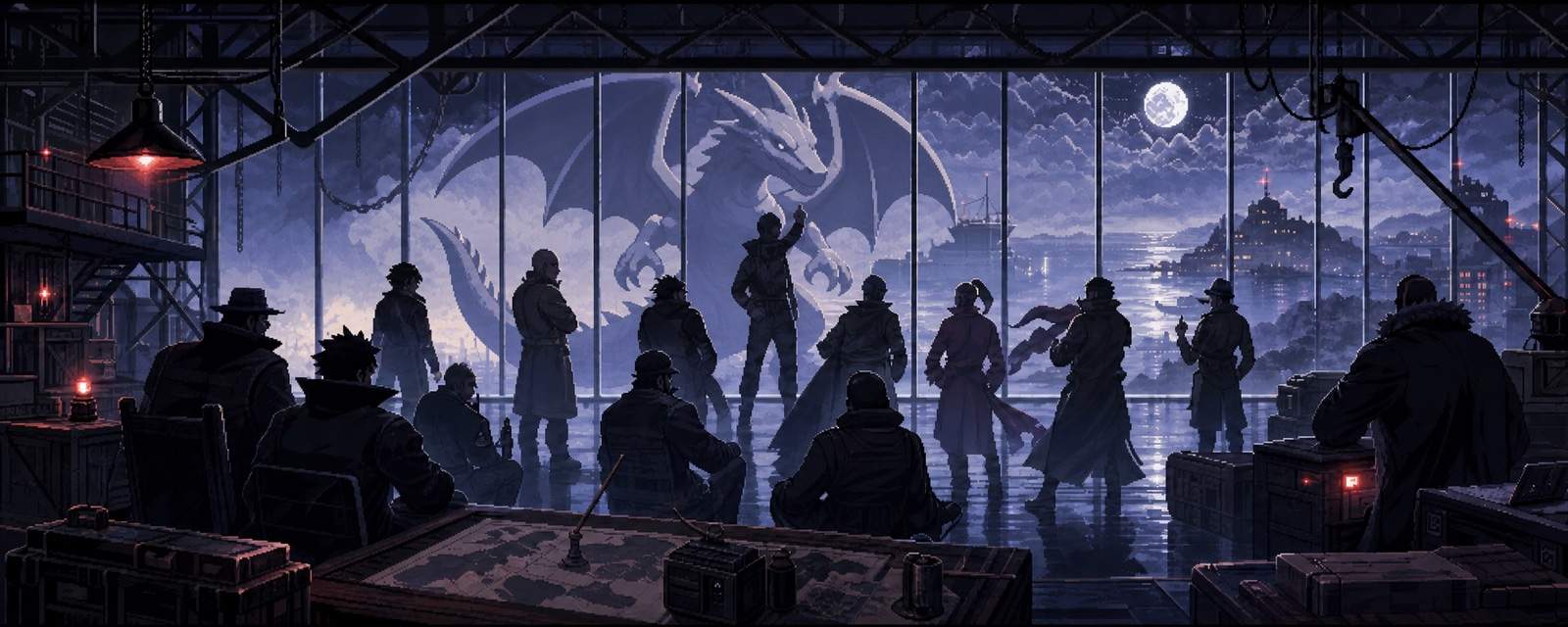 Pixel-art covert briefing before a moonlit dragon-shaped mural
