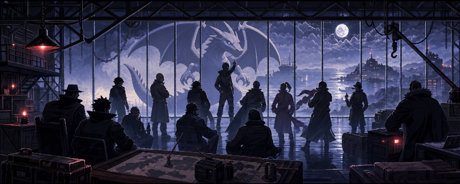 Reunión clandestina pixelada ante un mural de dragón iluminado por la luna